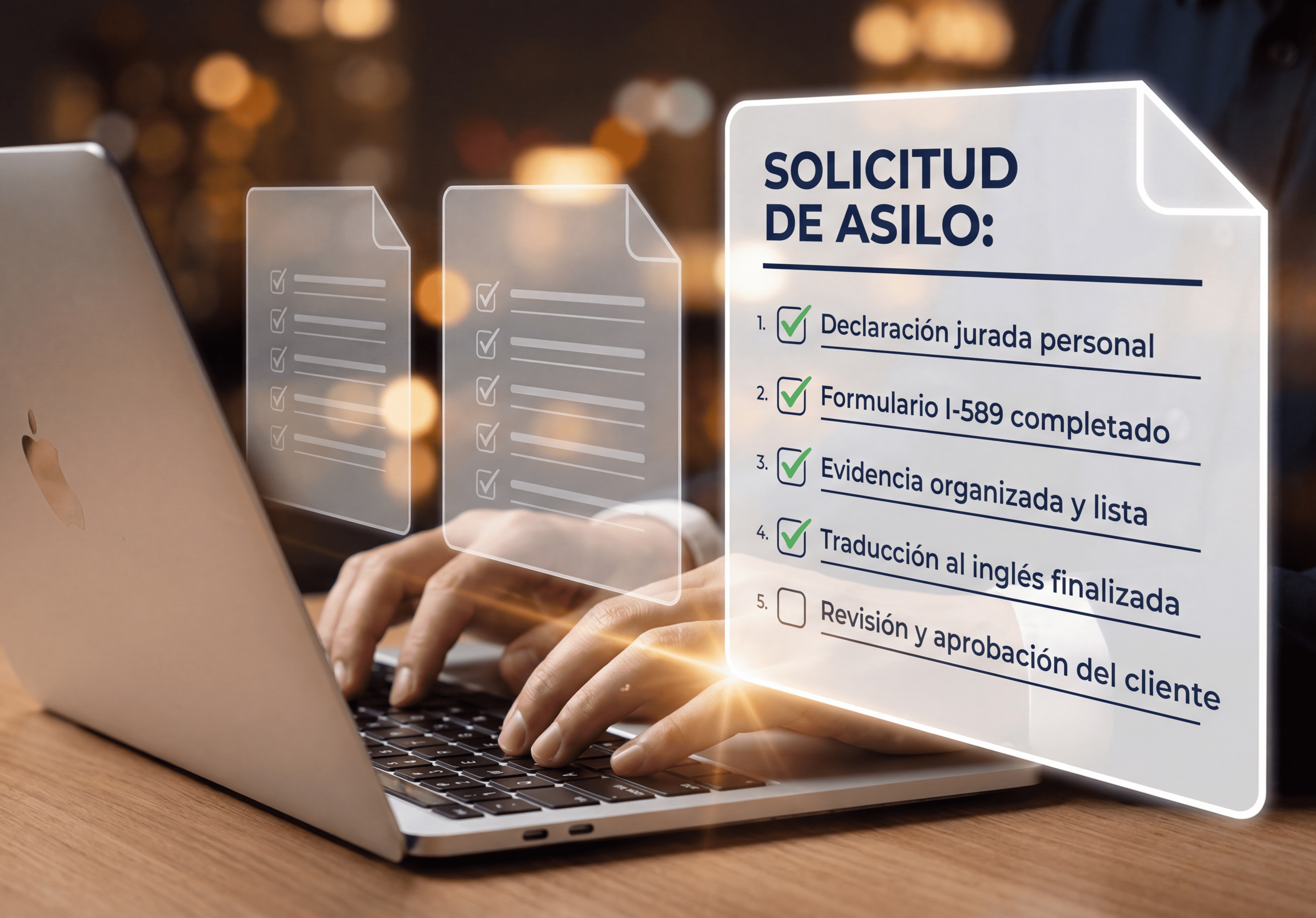 Manos preparando y organizando documentos sobre un escritorio con luz natural